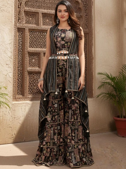 SZN Women Ethnic Motifs Printed Layered Kurta with Palazzos - Image 7