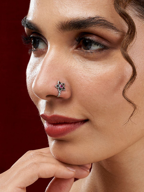 TEEJH Silver-Plated Anali Red Stone Nosepin
