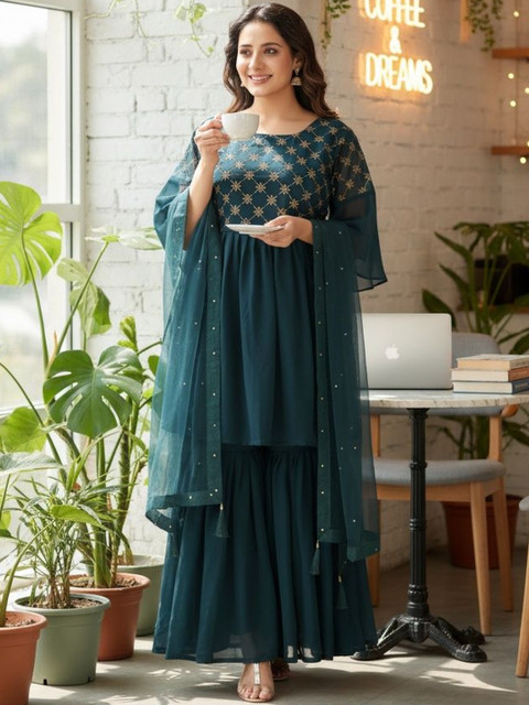 SZN Women Ethnic Motifs Embroidered Empire Thread Work Kurta with Sharara & With Dupatta