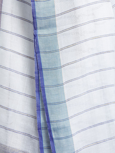 Taavi Striped Traditional Bengali Style Cotton Linen Dupatta With Pom Pom Tassels - Image 7