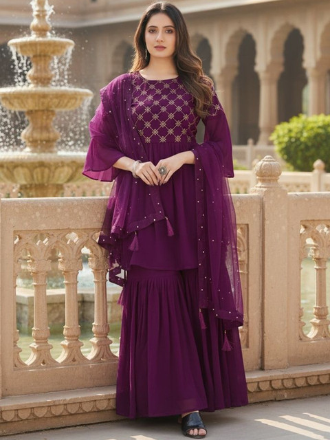 SZN Women Ethnic Motifs Embroidered Regular Thread Work Kurta with Sharara & With Dupatta