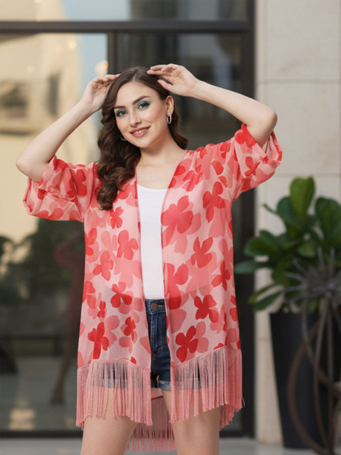 PURYS Women Pink & Red Printed Tasselled Shrug