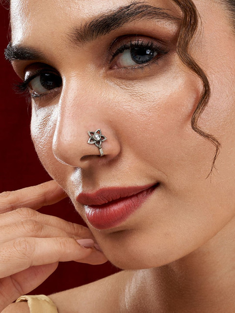 TEEJH Women Anali White Stone Studded Oxidised Nosepin