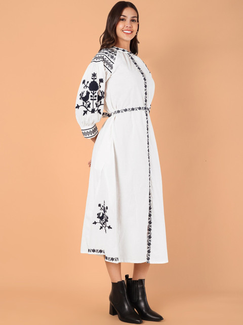 VASVI Floral Embroidered Puff Sleeve A-Line Midi Dress - Image 4