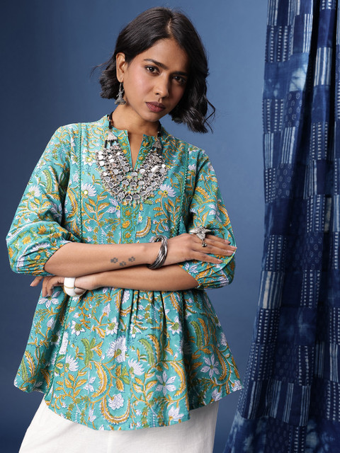 Taavi Floral Printed Thread Work Pure Cotton Thread Work Sanganeri A-Line Kurti