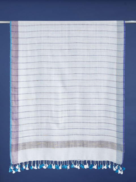 Taavi Striped Traditional Bengali Style Cotton Linen Dupatta With Pom Pom Tassels - Image 6