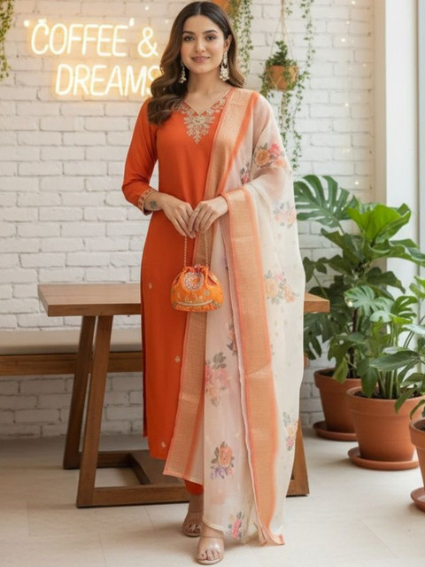 SZN Women Ethnic Motifs Embroidered Regular Thread Work Kurta with Trousers & With Dupatta