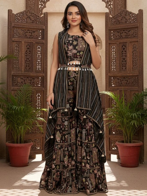 SZN Women Ethnic Motifs Printed Layered Kurta with Palazzos - Image 5