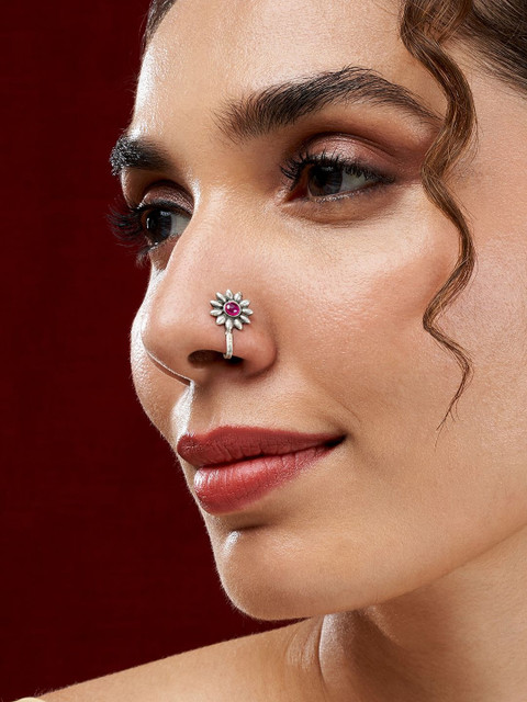 TEEJH Silver-Plated Poove Red Stone Stud Nosepin