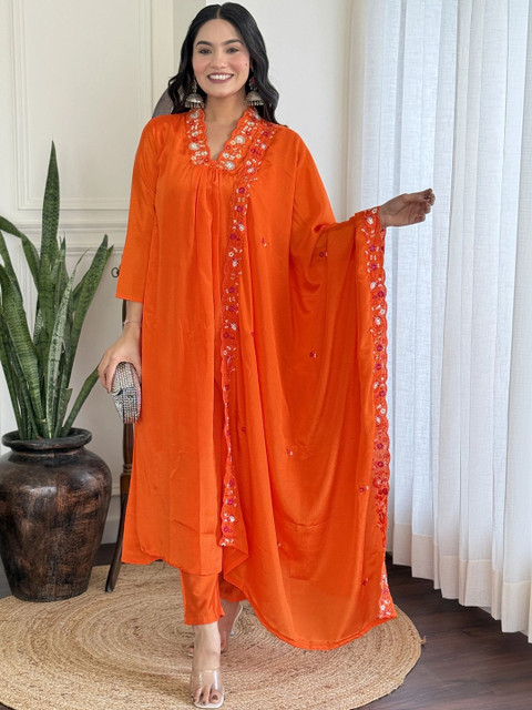 FoxDX Women Ethnic Motifs Embroidered Regular Thread Work Kurta with Trousers & With Dupatta