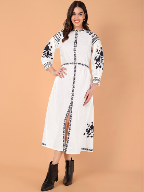 VASVI Floral Embroidered Puff Sleeve A-Line Midi Dress - Image 5