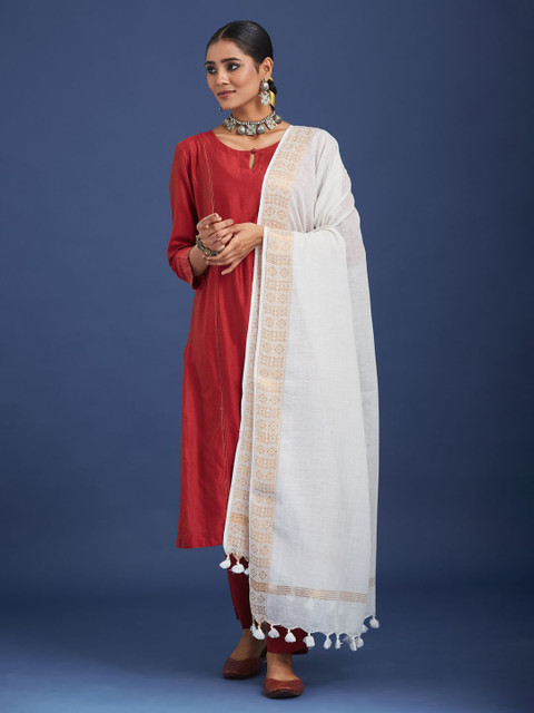 Taavi Floral Woven Design Zari Cotton Linen Dupatta