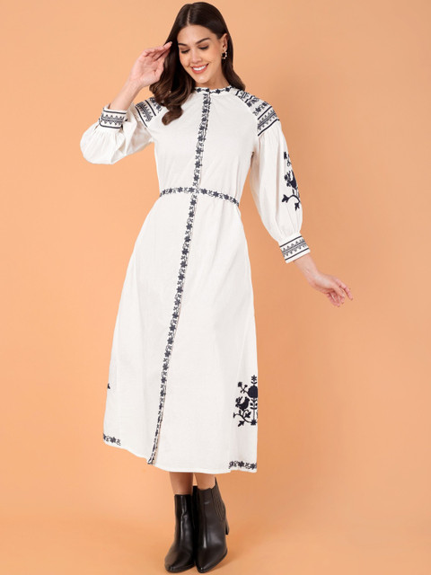 VASVI Floral Embroidered Puff Sleeve A-Line Midi Dress