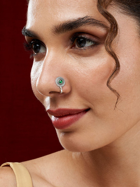 TEEJH Vanika Green Stone Silver-Plated Stud Nosepin