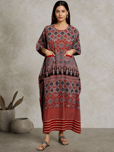 Taavi Ajrakh Printed Cotton Round Neck Kaftan Dress