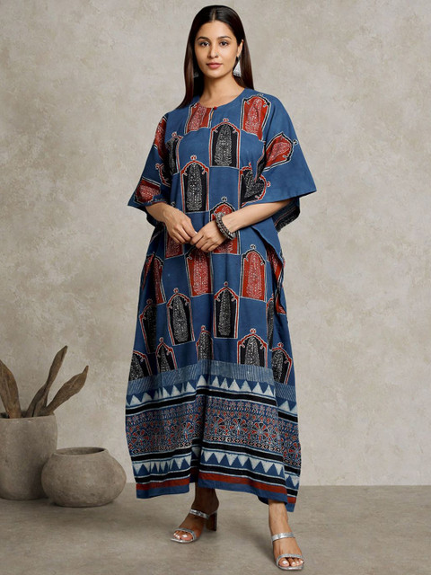 Taavi Printed Cotton Round Neck Kaftan Dress