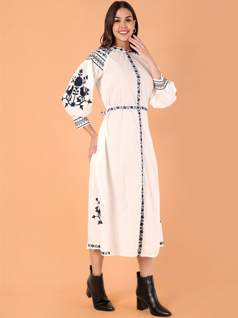 VASVI Floral Embroidered Puff Sleeve A-Line Midi Dress - Image 3