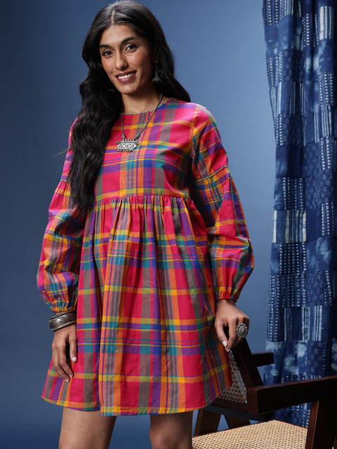 Taavi Checked Puff Sleeves Tie-Ups & Gathered Detail Pure Cotton Woven Legacy A-Line Dress