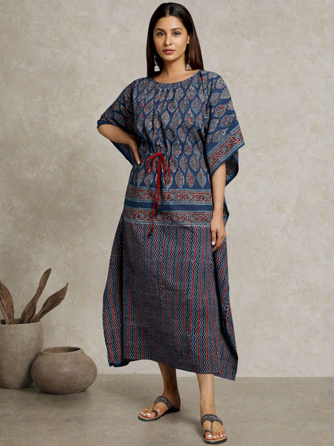 Taavi Ajrakh Printed Cotton Round Neck Kaftan Dress