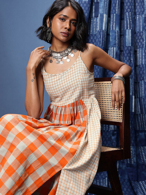 Taavi Woven Legacy Checked Pure Cotton A-line Ethnic Dress With Slit