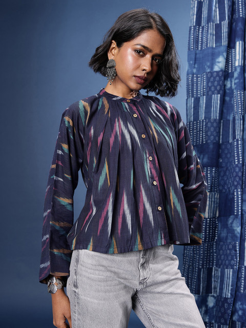 Taavi Print Mandarin Collar Flared Sleeve Woven Legacy Cotton Shirt Style Top