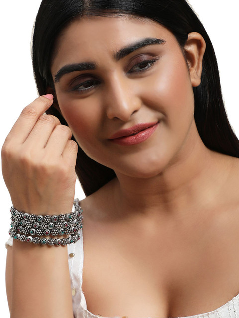 ANIKAS CREATION Set Of 2 Oxidised Silver-Plated Stone-Studded Bangles