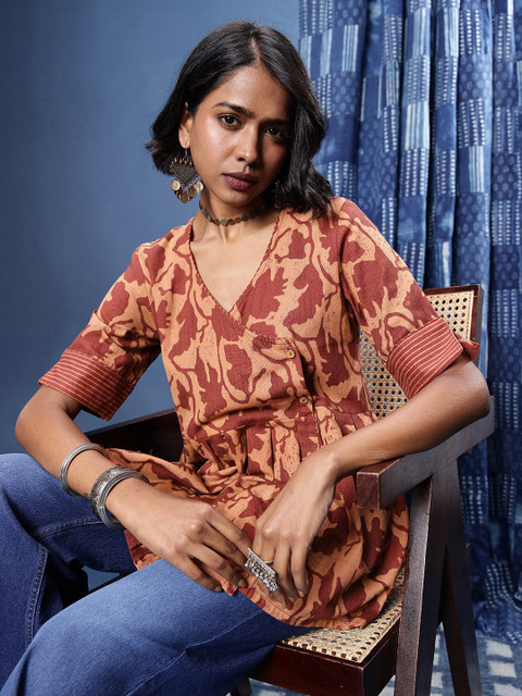 Taavi Hand Block Print Cotton Peplum Longline Top