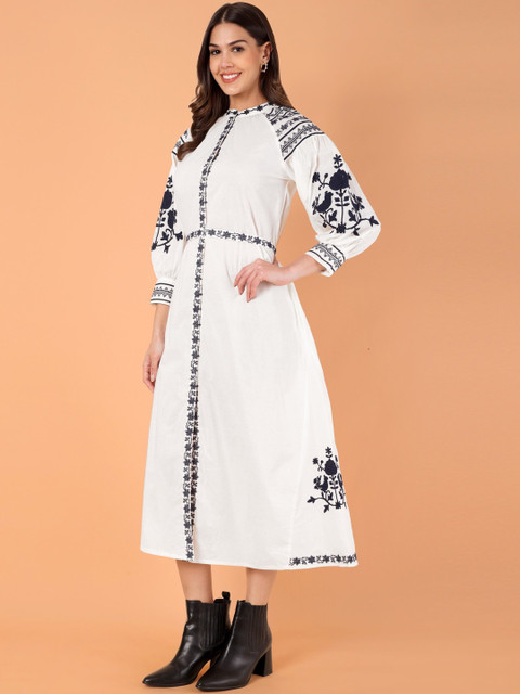 VASVI Floral Embroidered Puff Sleeve A-Line Midi Dress - Image 2