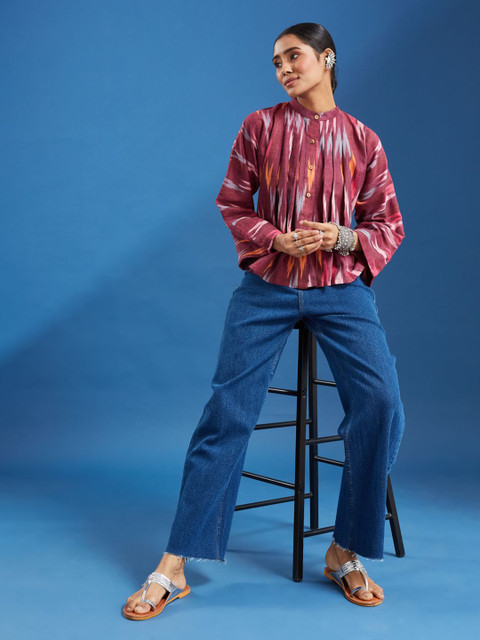 Taavi Women Printed Pure Cotton Mandarin Collar Flared Sleeve Shirt Style Top - Image 6