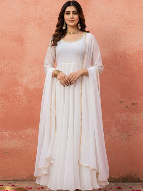 SZN White Embellished Georgette Maxi Dress
