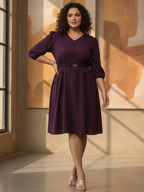 9shines Label Plus Size Striped Puff Sleeves A-Line Dress