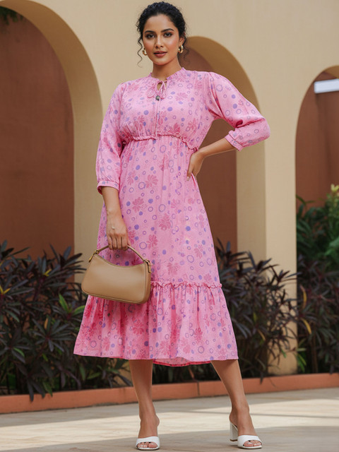 9shines Label Plus Size Floral Printed Tie-Up Neck Flounce Hem A-Line Midi Dress