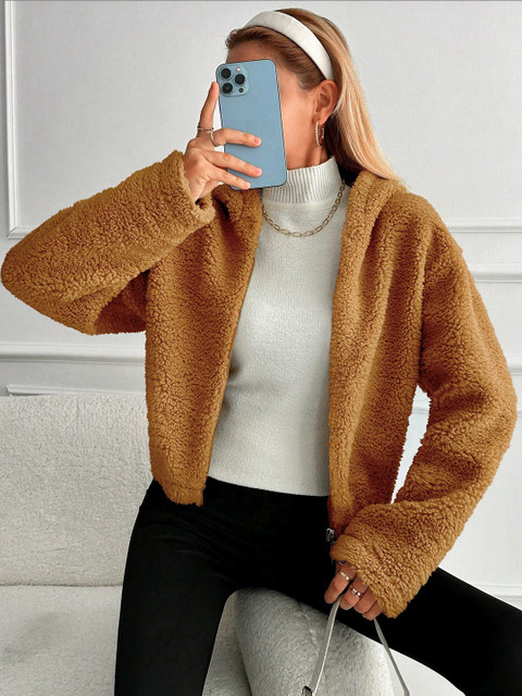 Stylecast X Slyck Women Solid Zip Up Hooded Fur Jacket