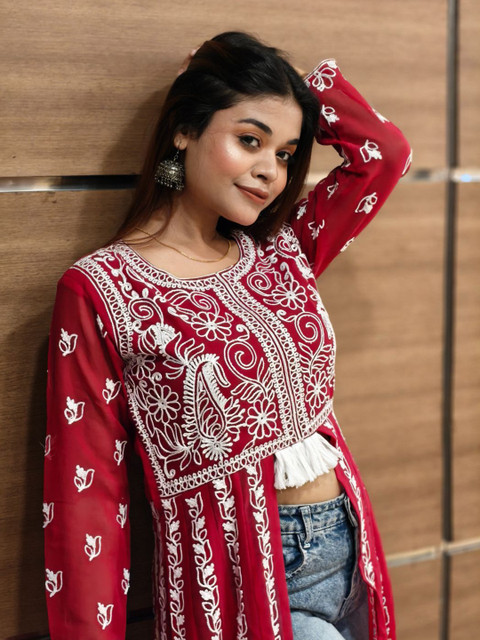 Youthnic Ethnic Motifs Embroidered Chikankari Chikankari Angrakha Anarkali Kurti