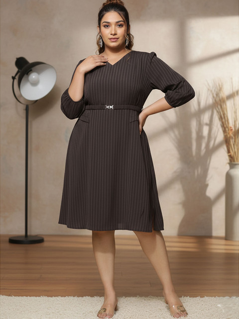 9shines Label Plus Size Striped Puff Sleeves A-Line Dress