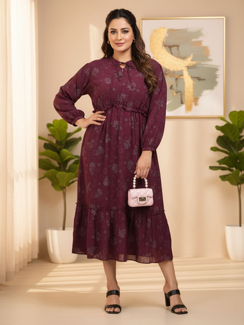 9shines Label Plus Size Floral Printed Tie-Up Neck Fit & Flare Midi Dress