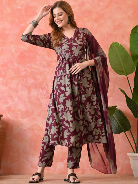DIZON Women Floral Printed Empire Sequinned Kurta with Trousers & With Dupatta