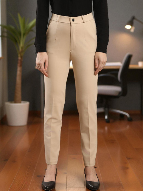 DressBerry Women Relaxed Straight Leg Straight Fit High-Rise Wrinkle Free Trousers