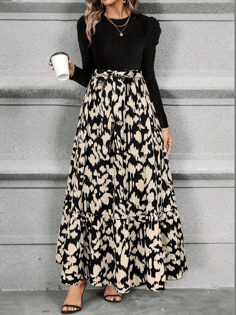 SHYAM SUNDARI Colourblocked Puff Sleeve Applique Maxi Dress