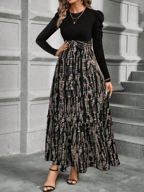 SHYAM SUNDARI Print Puff Sleeve Fit & Flare Maxi Dress