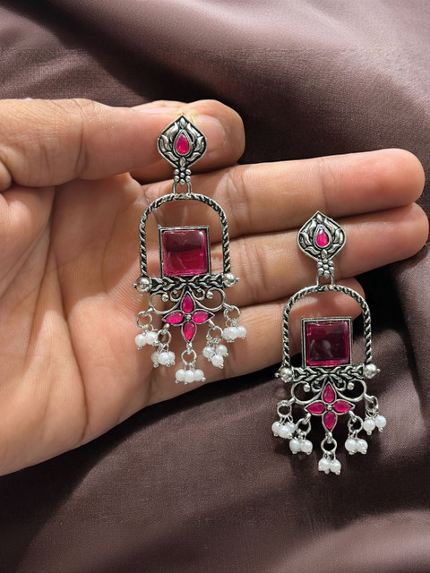 Anouk Silver Plated Artificial Bedaded Geometric Drop Earrings