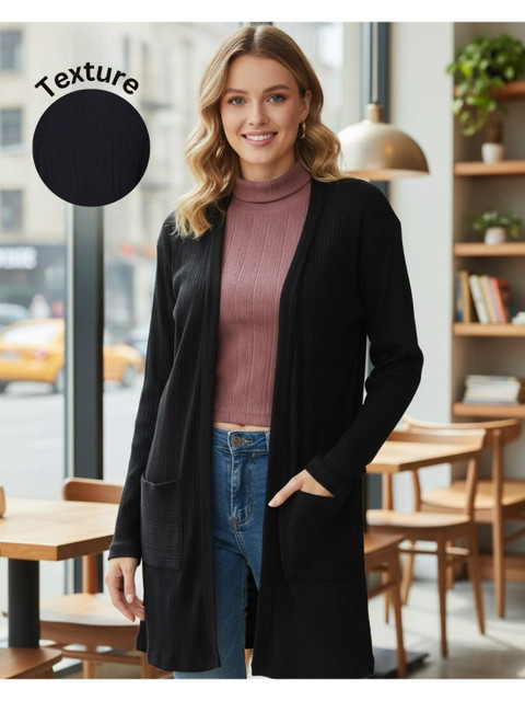 Rigo Women Black Solid Ribbed Open-Front Long Sleeves Straight Fit Shrug