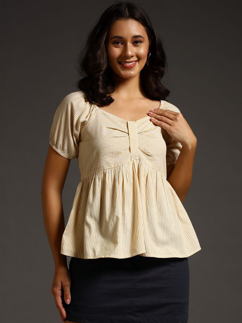 Swaggish Striped Puff Sleeve Cotton Peplum Top