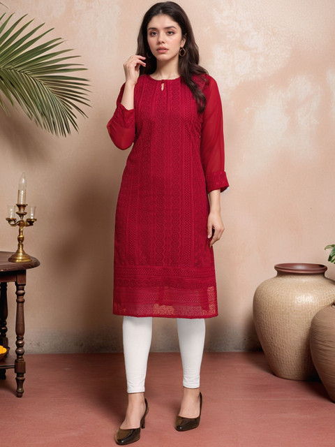 Anouk Rustic Ethnic Motifs Embroidered Chikankari Pure Georgette Chikankari Kurti