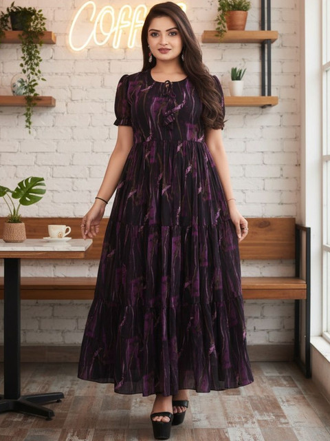 SZN Women Floral Print Puff Sleeve Georgette A-Line Maxi Dress