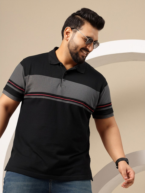 Sztori Plus Size Striped Polo Collar Pure Cotton T-shirt