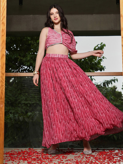 QISSA Printed V-Neck Top With Skirt Co-Ords