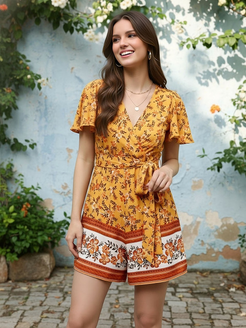 Berrylush Women Yellow Printed Belted Detail Jumpsuit