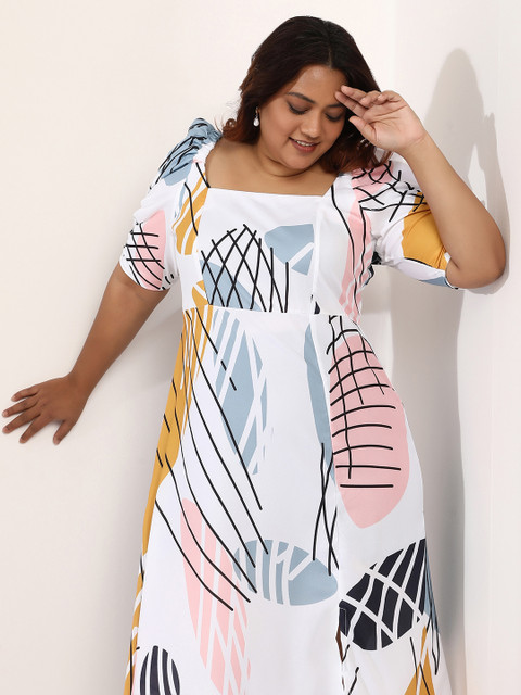 Instafab Plus Print Puff Sleeve Fit & Flare Midi Dress