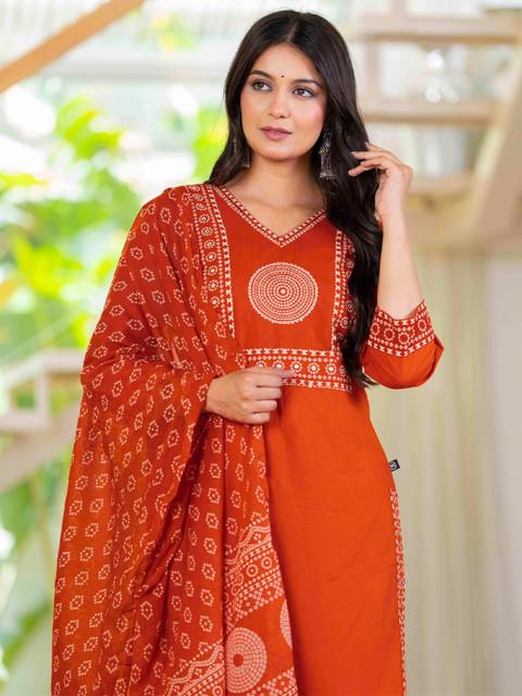 Pistaa Women Bandhani Yoke Design Pure Cotton Mirror Work Kurta with Trousers & Dupatta